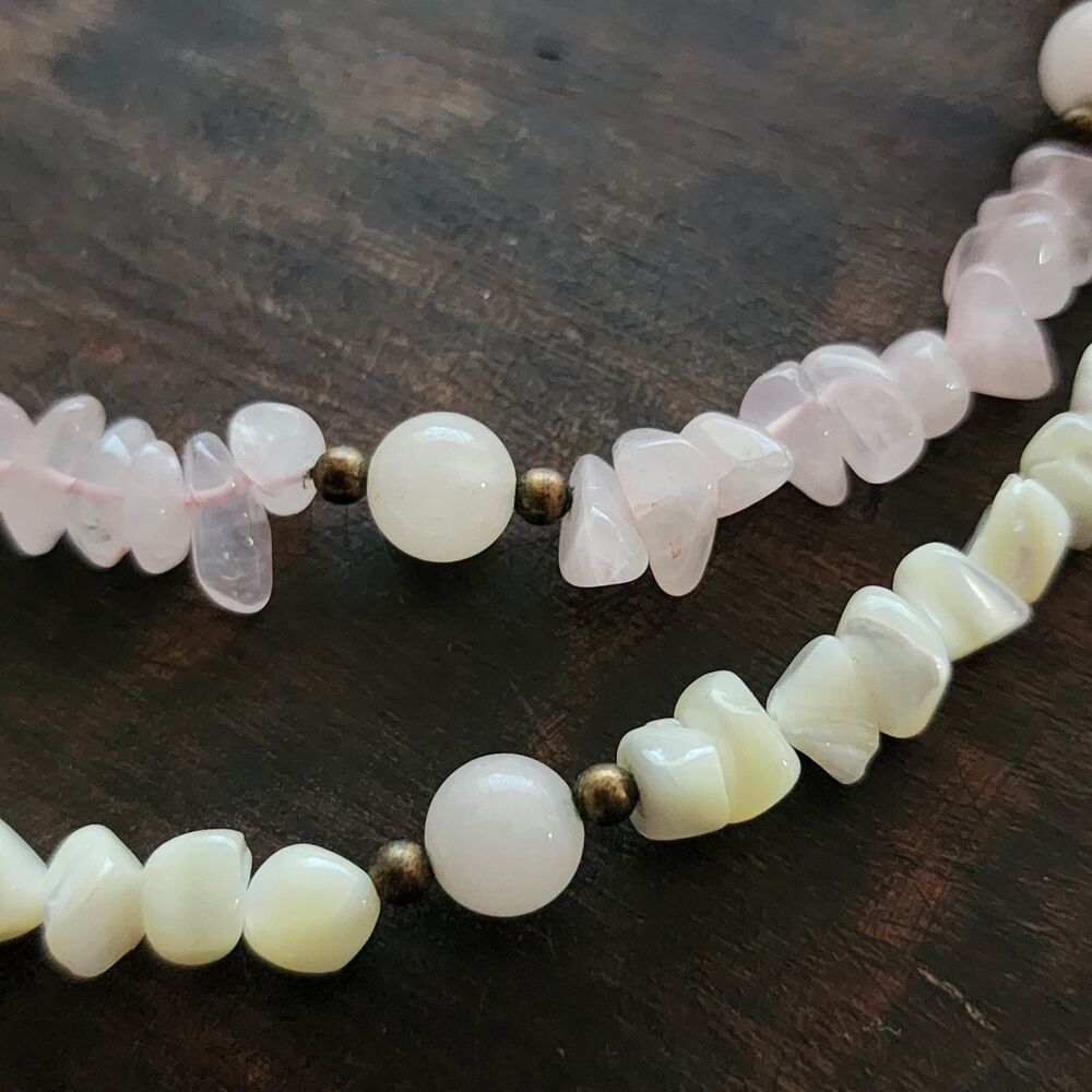 Vintage Pink Quartz & Shell 18in Necklace Hawaiian Double strand - Picture 2 of 5